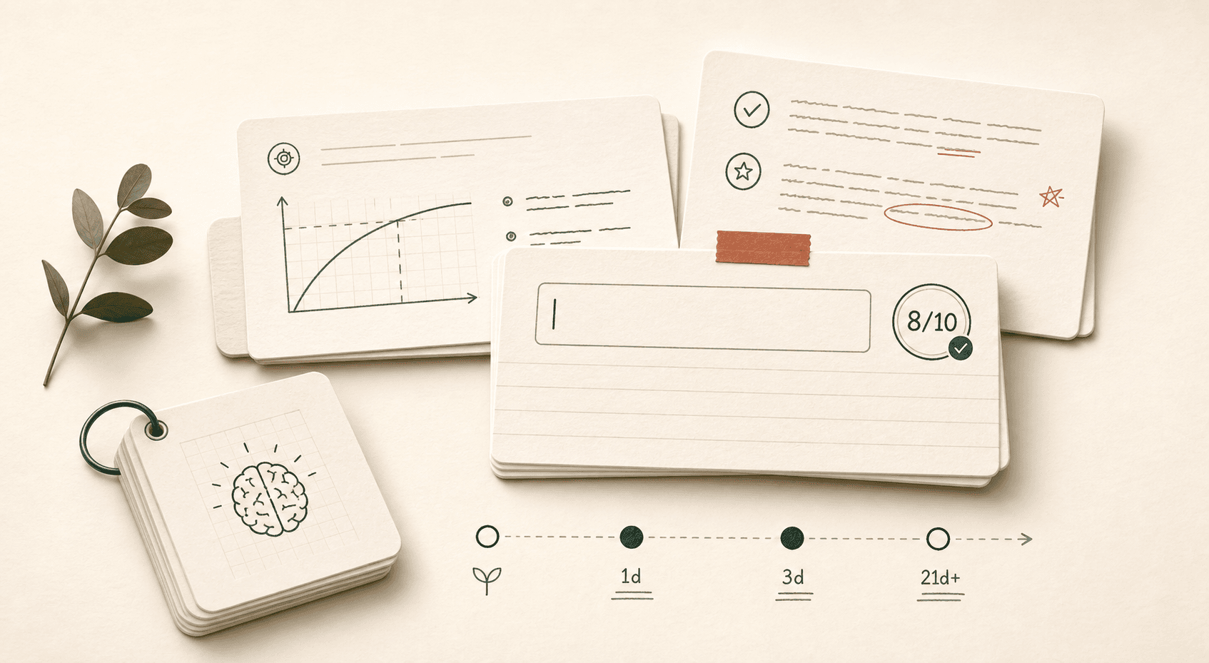 Paper study cards showing an answer field, a score, and spaced review intervals.